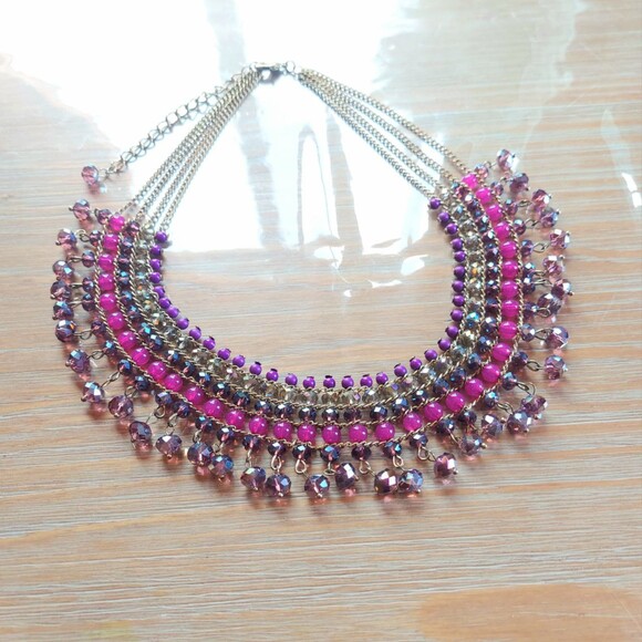 Unbranded Jewelry - Vintage Beaded Brass Bib Necklace with Crystals